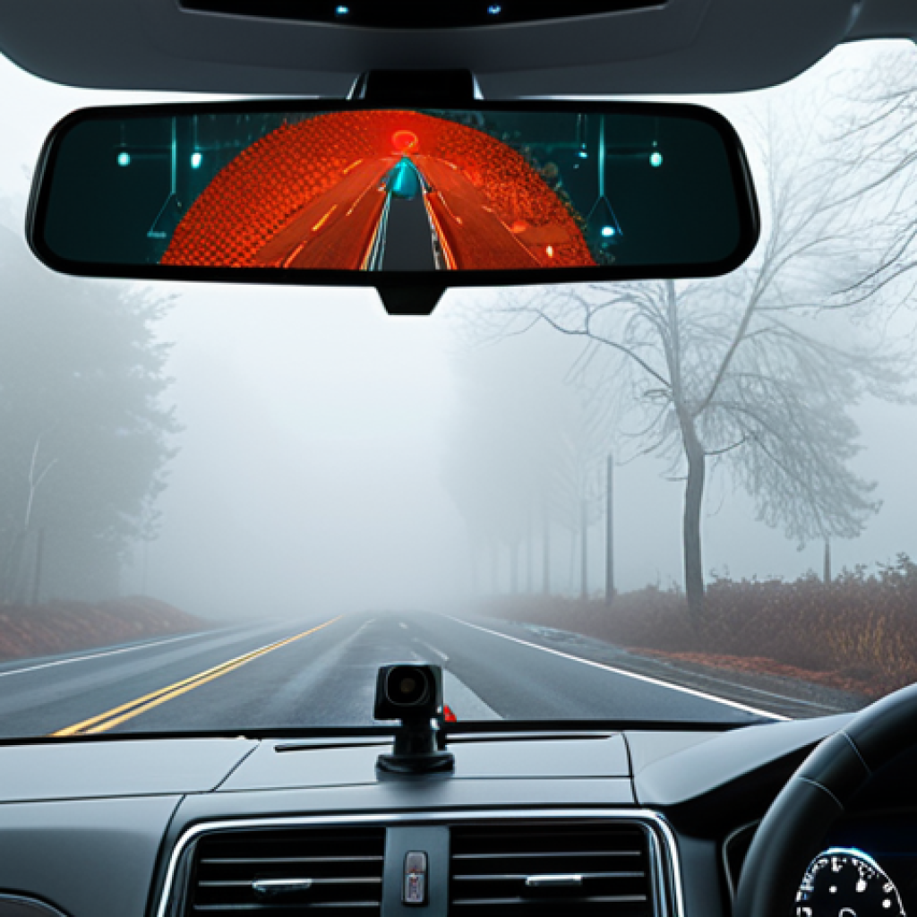 **

A close-up of a self-driving car's sensors (cameras, lidar, radar) struggling in heavy fog. Emphasize the limited visibility and the technological challenges. The style should be realistic, showcasing the intricate details of the sensor technology. Include a faint outline of a pedestrian partially obscured by the fog.

**