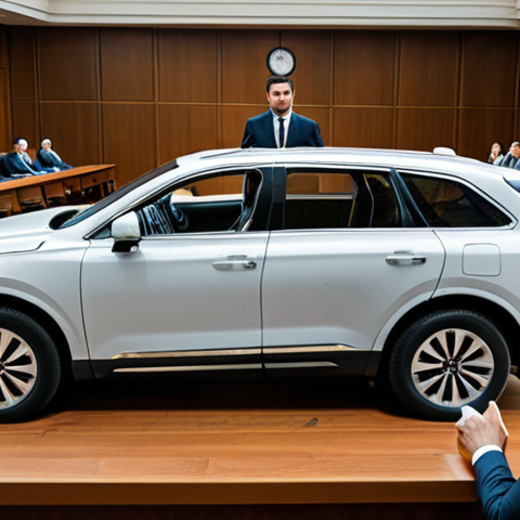 ** "A modern courtroom scene focusing on a complex legal case involving a self-driving car accident, fully clothed lawyers are arguing, evidence is displayed, appropriate content, safe for work, perfect anatomy, natural proportions, professional legal setting, high quality." **