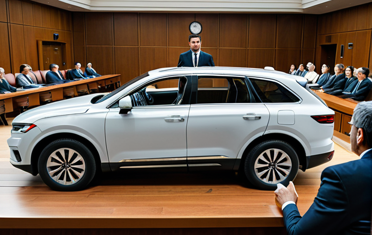 ** "A modern courtroom scene focusing on a complex legal case involving a self-driving car accident, fully clothed lawyers are arguing, evidence is displayed, appropriate content, safe for work, perfect anatomy, natural proportions, professional legal setting, high quality." **