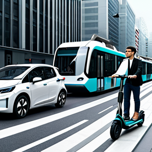 Modern Urban Mobility Concept** "A futuristic cityscape showcasing various forms of transportation integrated seamlessly: autonomous vehicles, electric scooters, and public transport, all connected via a digital interface, fully clothed people using different transport options, safe for work, appropriate content, professional, modest, perfect anatomy, correct proportions, natural pose, high-quality rendering, daytime setting, clean and efficient design." **