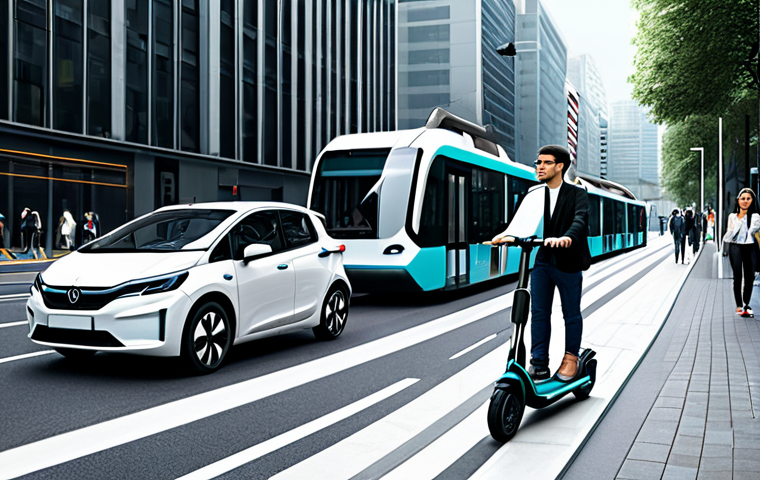 Modern Urban Mobility Concept** "A futuristic cityscape showcasing various forms of transportation integrated seamlessly: autonomous vehicles, electric scooters, and public transport, all connected via a digital interface, fully clothed people using different transport options, safe for work, appropriate content, professional, modest, perfect anatomy, correct proportions, natural pose, high-quality rendering, daytime setting, clean and efficient design." **