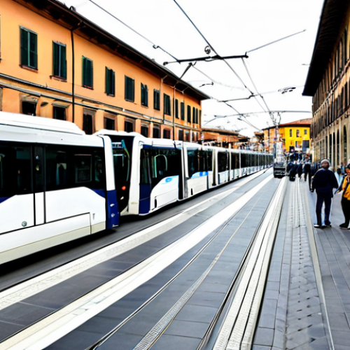 자율주행 도시의 교통 혼잡 완화 전략 - Smart Transportation Hub in Bologna** "A bustling public transport hub in Bologna, Italy. Modern tr...