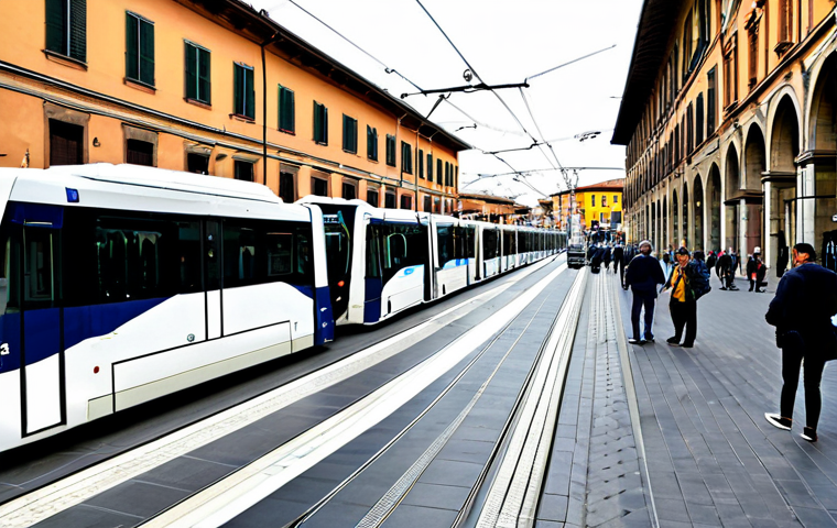자율주행 도시의 교통 혼잡 완화 전략 - Smart Transportation Hub in Bologna** "A bustling public transport hub in Bologna, Italy. Modern tr...
