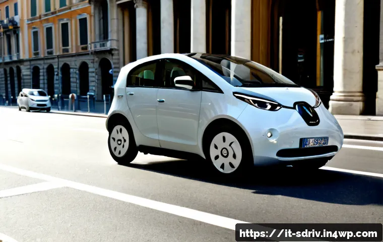 자율주행 차량의 데이터 보안 문제 - Photorealistic autonomous electric car driving through a clean modern street in Milan, Italy, viewed...