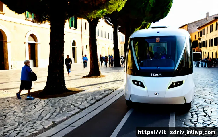 자율주행차의 지역 사회 통합 방안 - Photorealistic autonomous electric shuttle carefully stopping beside a cobblestone piazza in a small...