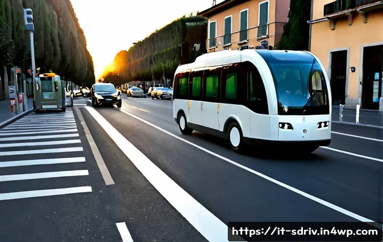 자율주행 도시의 공공 안전 강화를 위한 방안 - Photorealistic autonomous electric shuttle approaching a protected zebra crossing in a modern Italia...